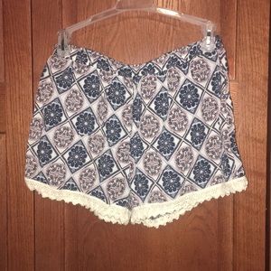 Blue, purple, and white patterned shorts